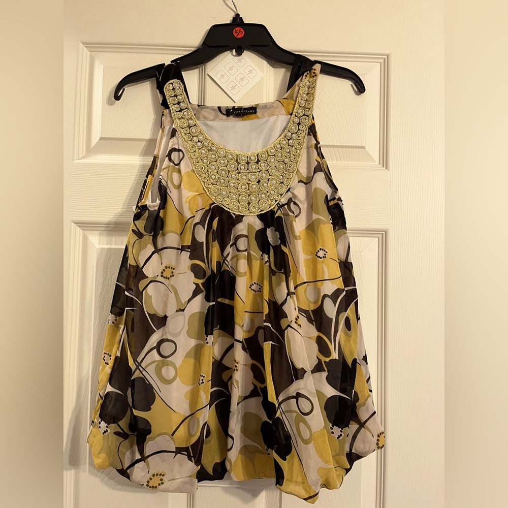 Yellow and Black Sleeveless Top with Beaded Neckline
